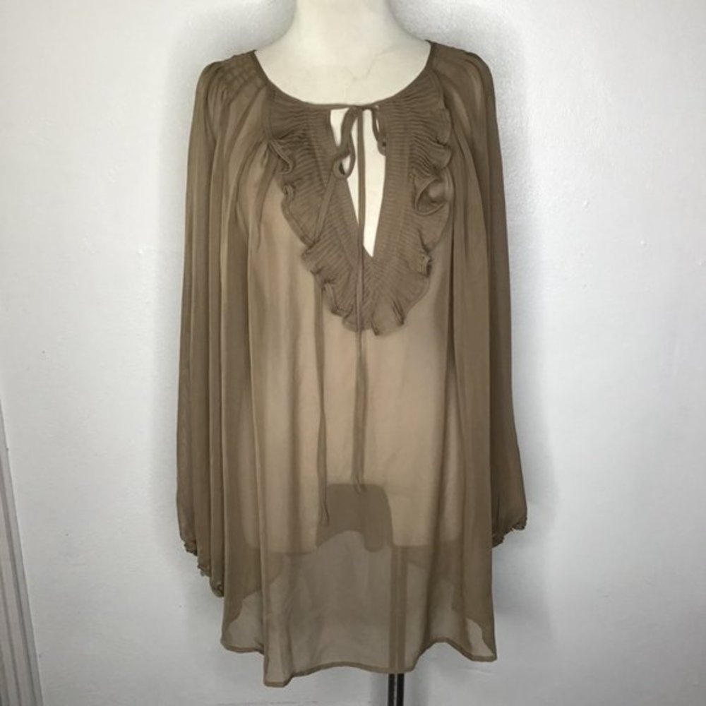 Kris Jenner Kollection Sheer Long Sleeve Blouse Ruffle Front Brown Plus Size 2X